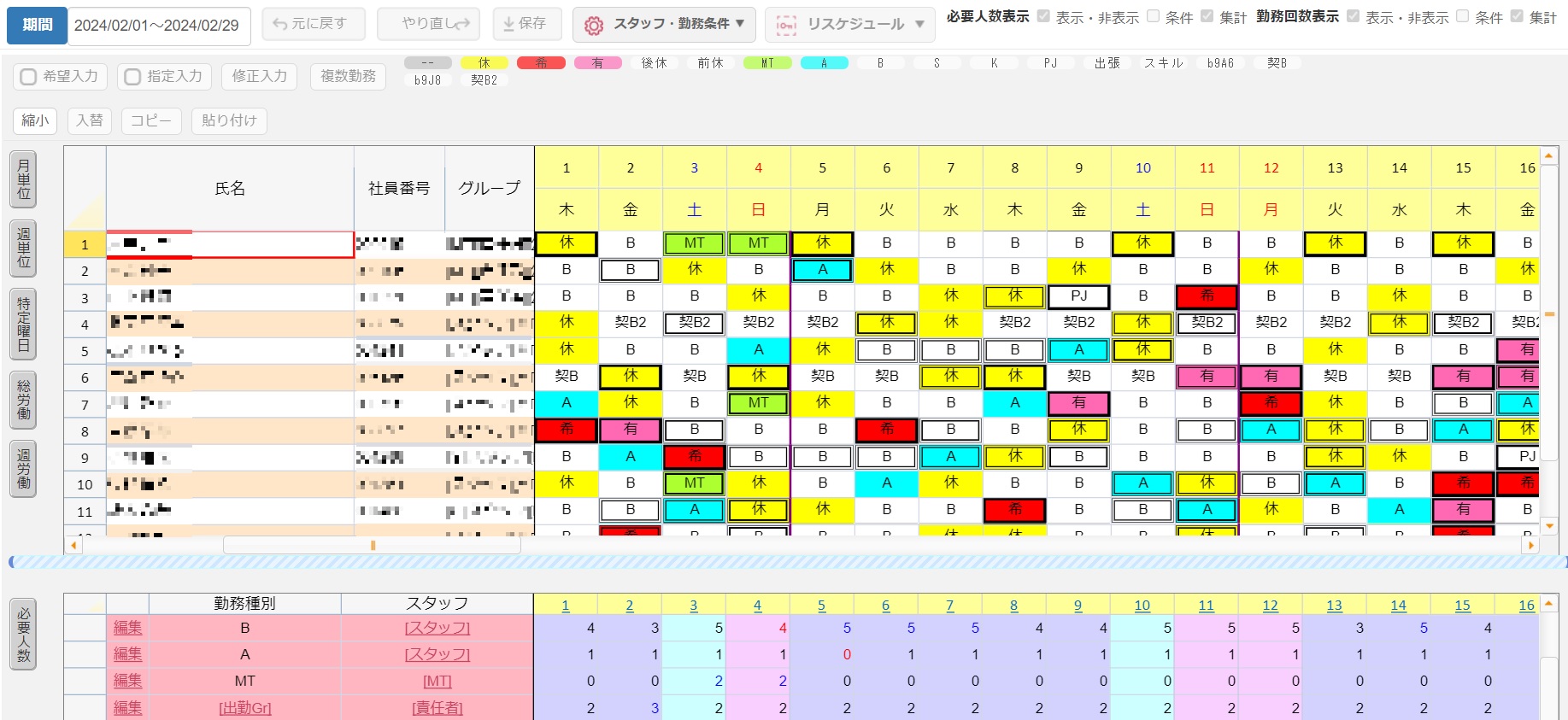 お助けマンDay 勤務表作成画面