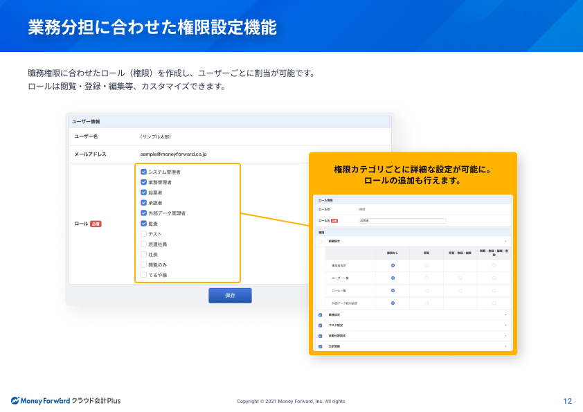 業務分担に合わせた権限設定機能