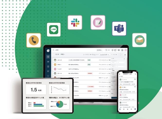 メール、電話、フォーム、LINEやSlack、Teamsなどを一元管理。 