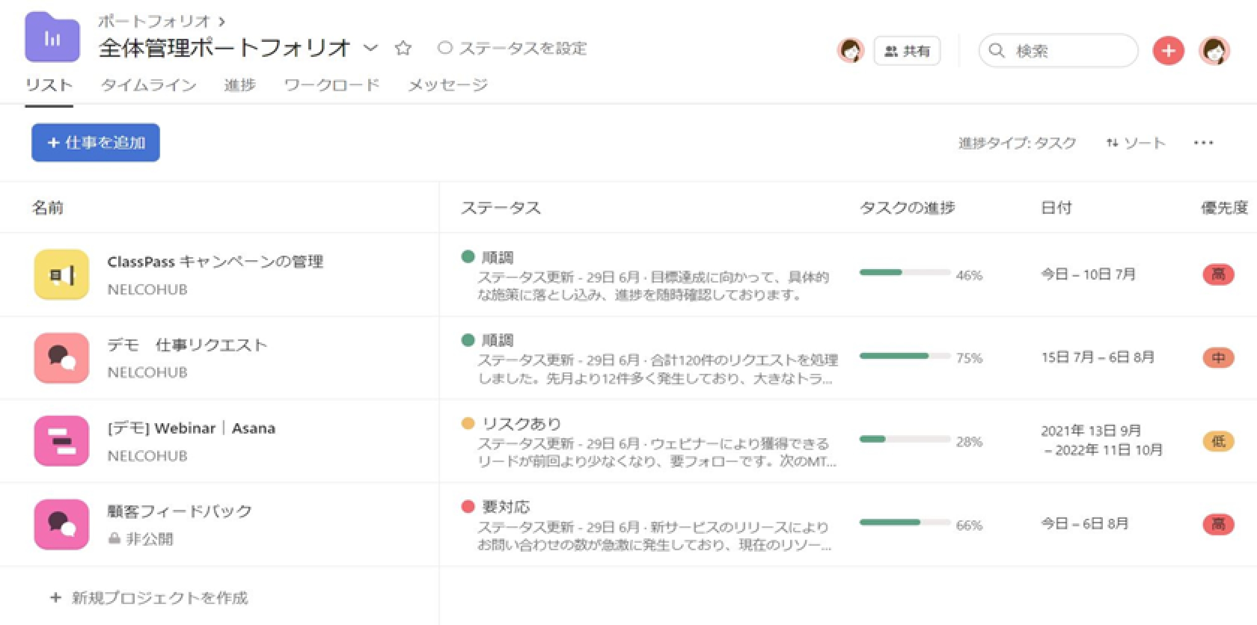 複数のプロジェクトの管理