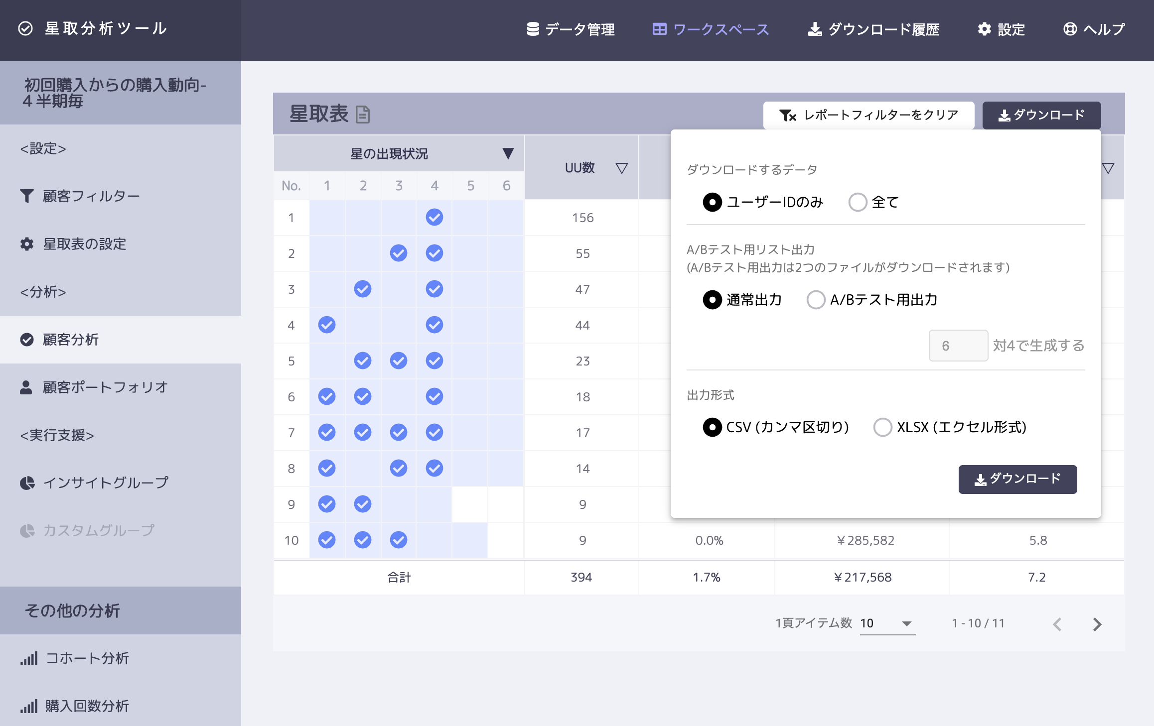 対象となる顧客IDを抽出する画面