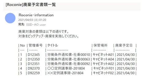 廃棄予定書類の有無はメールでお知らせ。