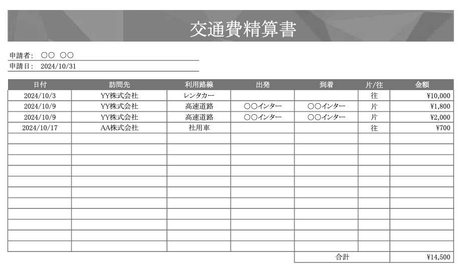 社用車を利用した場合の交通費精算書