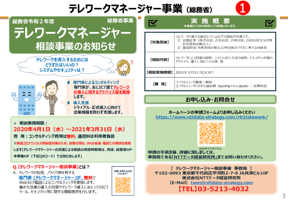 テレワークマネージャー相談事業の概要。相談料はかからない テレワークマネージャー相談事業概要