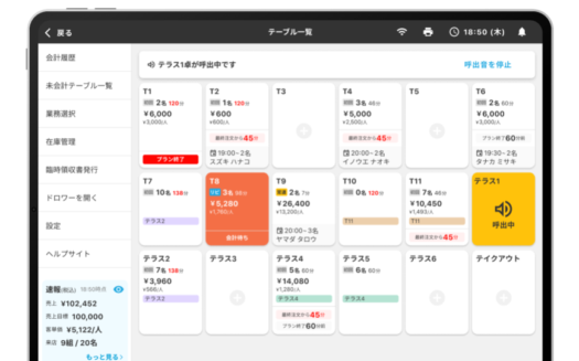 ダイニーPOSレジのUI画面