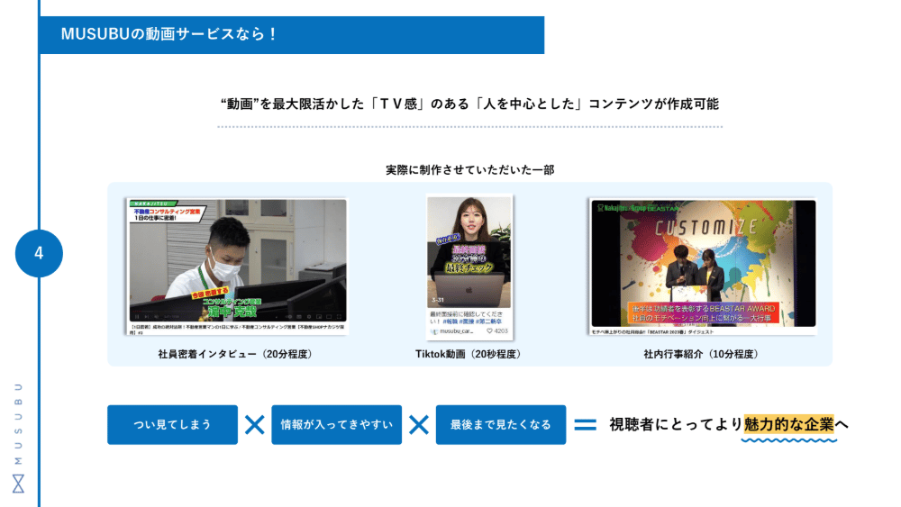 MUSUBUの採用動画制作サービスのUI画面
