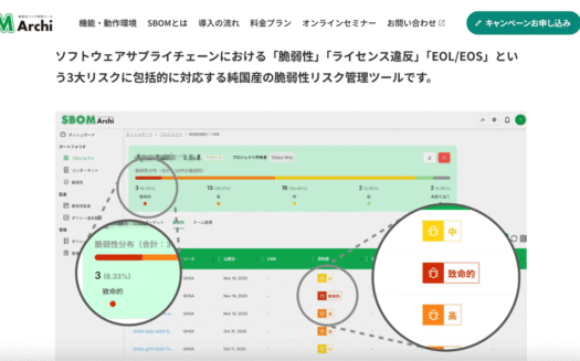 SBOM Archi（脆弱性リスク管理ツール）のUI画面