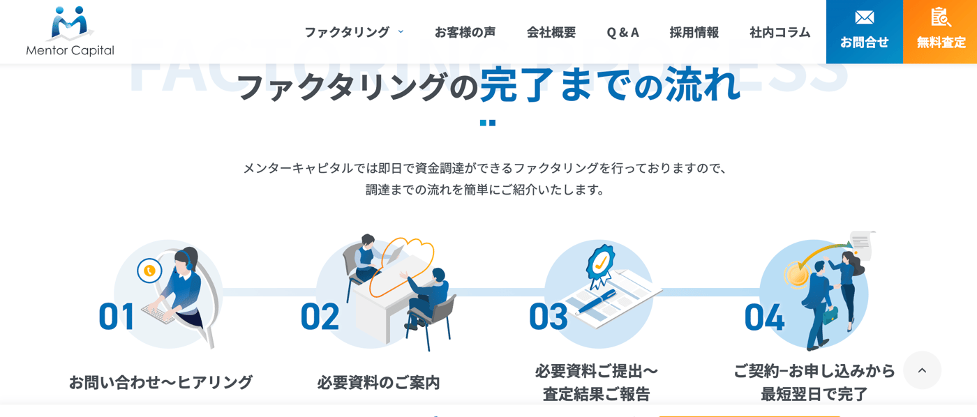 Mentor CapitalのファクタリングサービスのUI画面