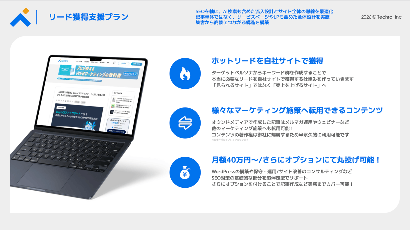 テクロのリード獲得支援プランのUI画面
