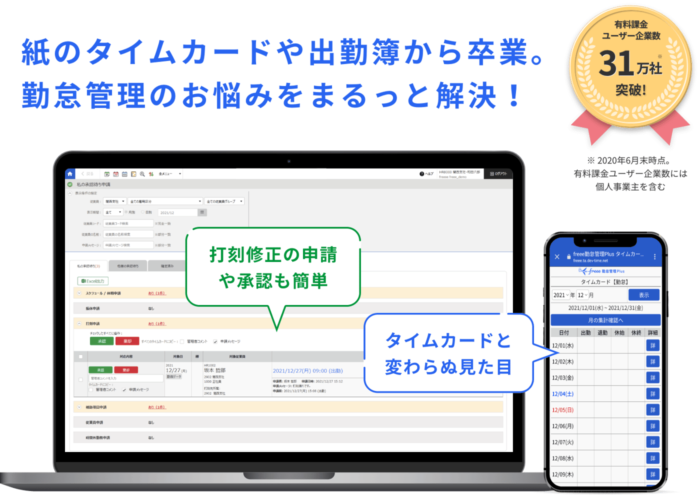 freee勤怠管理PlusのUI画面