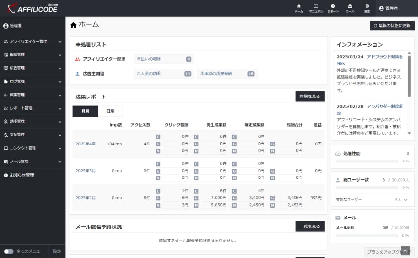アフィリコード・システムのUI画面
