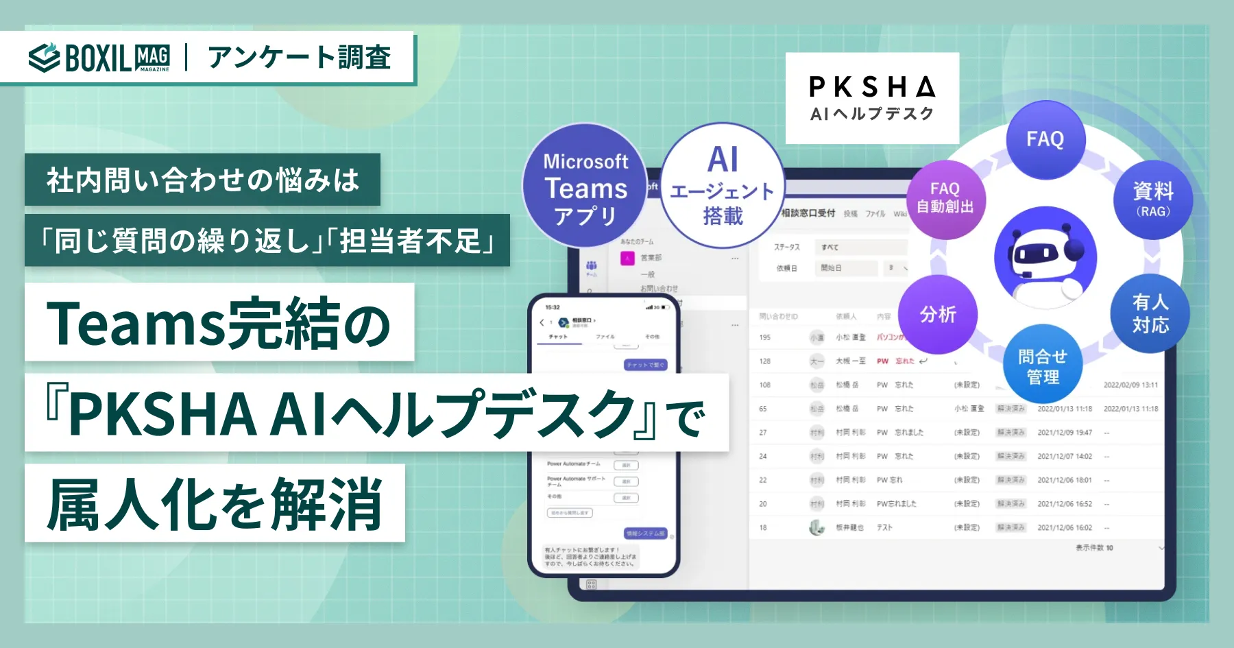 保護中: 【アンケート調査】社内問い合わせの悩みは「同じ質問の繰り返し」「担当者不足」　Teams完結の『PKSHA AIヘルプデスク』で属人化を解消　[PR]